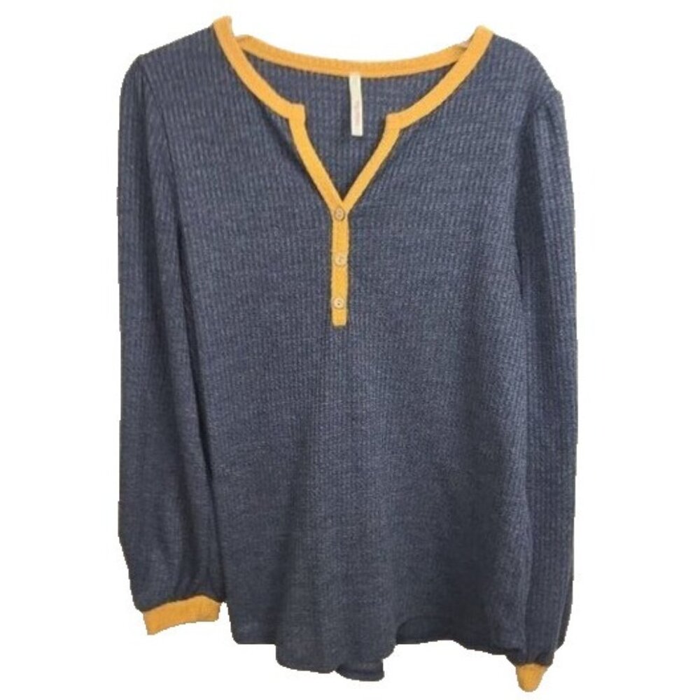 My Story Womens BOHO Top Large Gray Yellow Thermal Henley Balloon Sleeve Casual
